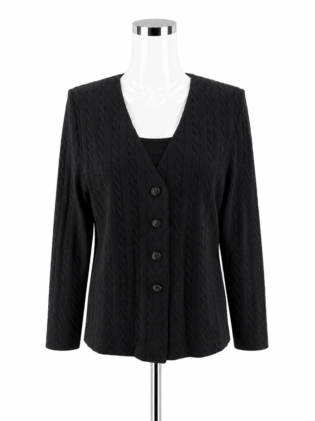 St. John Collection by Marie Gray Black Cable Knit Button Front Cardigan Size 8