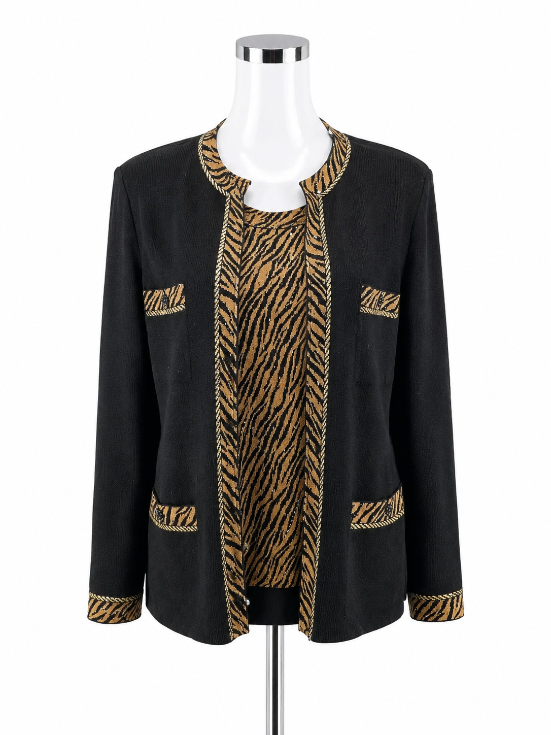 St. John Evening Zebra Trim Boucle Knit Cardigan &amp; Shell Set Size 8 / Medium