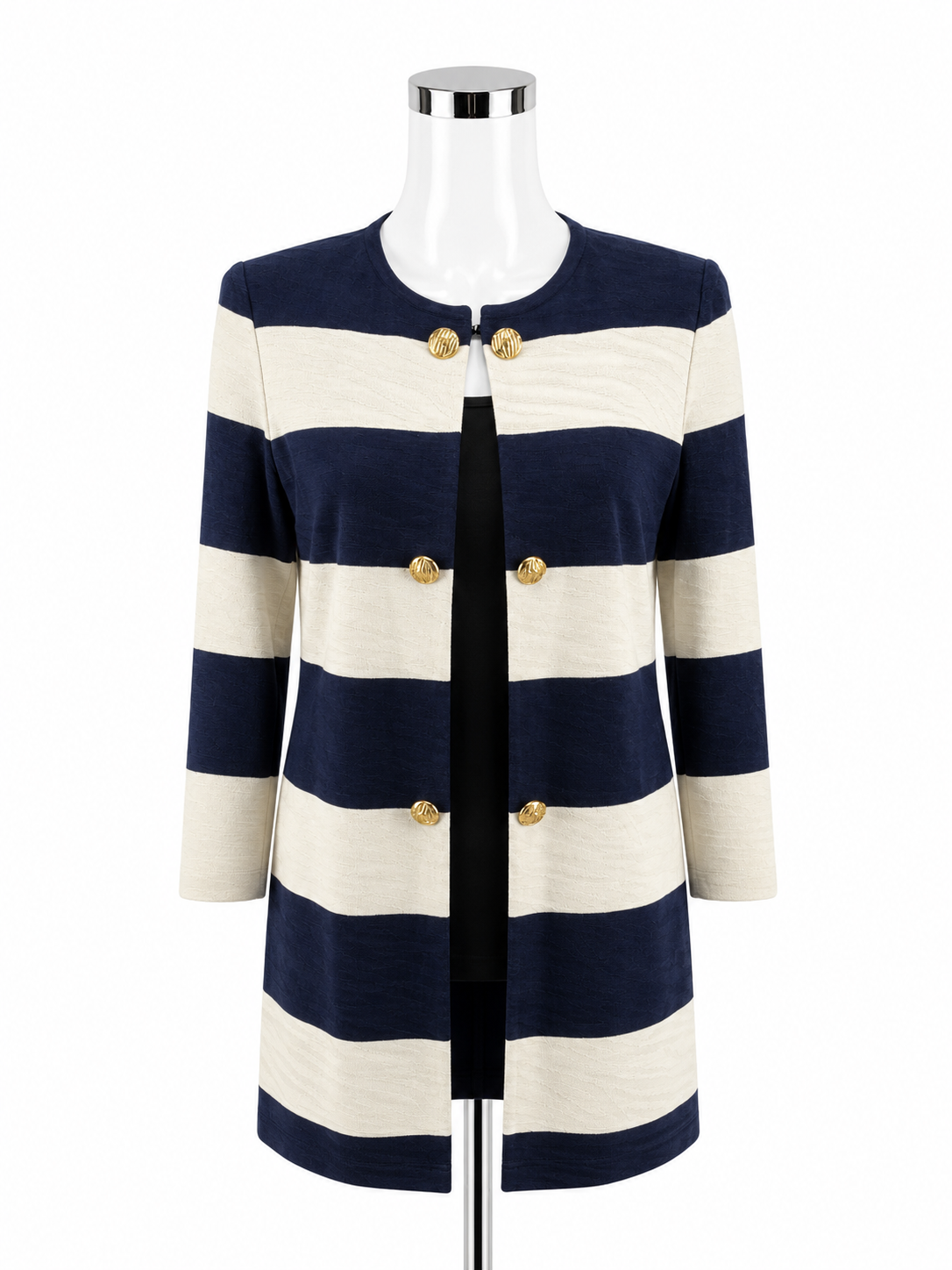 Ming Wang Striped Knit Topper Jacket Cardigan Navy White Gold Button Size XS