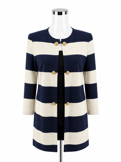 Ming Wang Striped Knit Topper Jacket Cardigan Navy White Gold Button Size XS