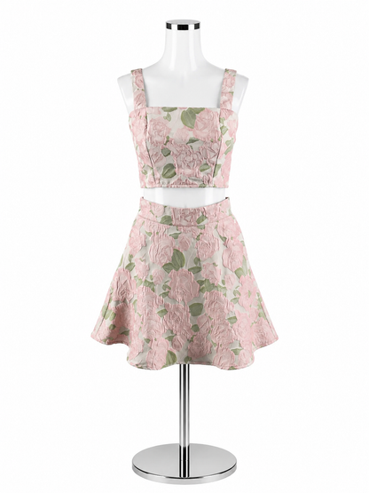 B.right Pink &amp; Green Rose Jacquard Two-Piece Skirt Set | Size Small