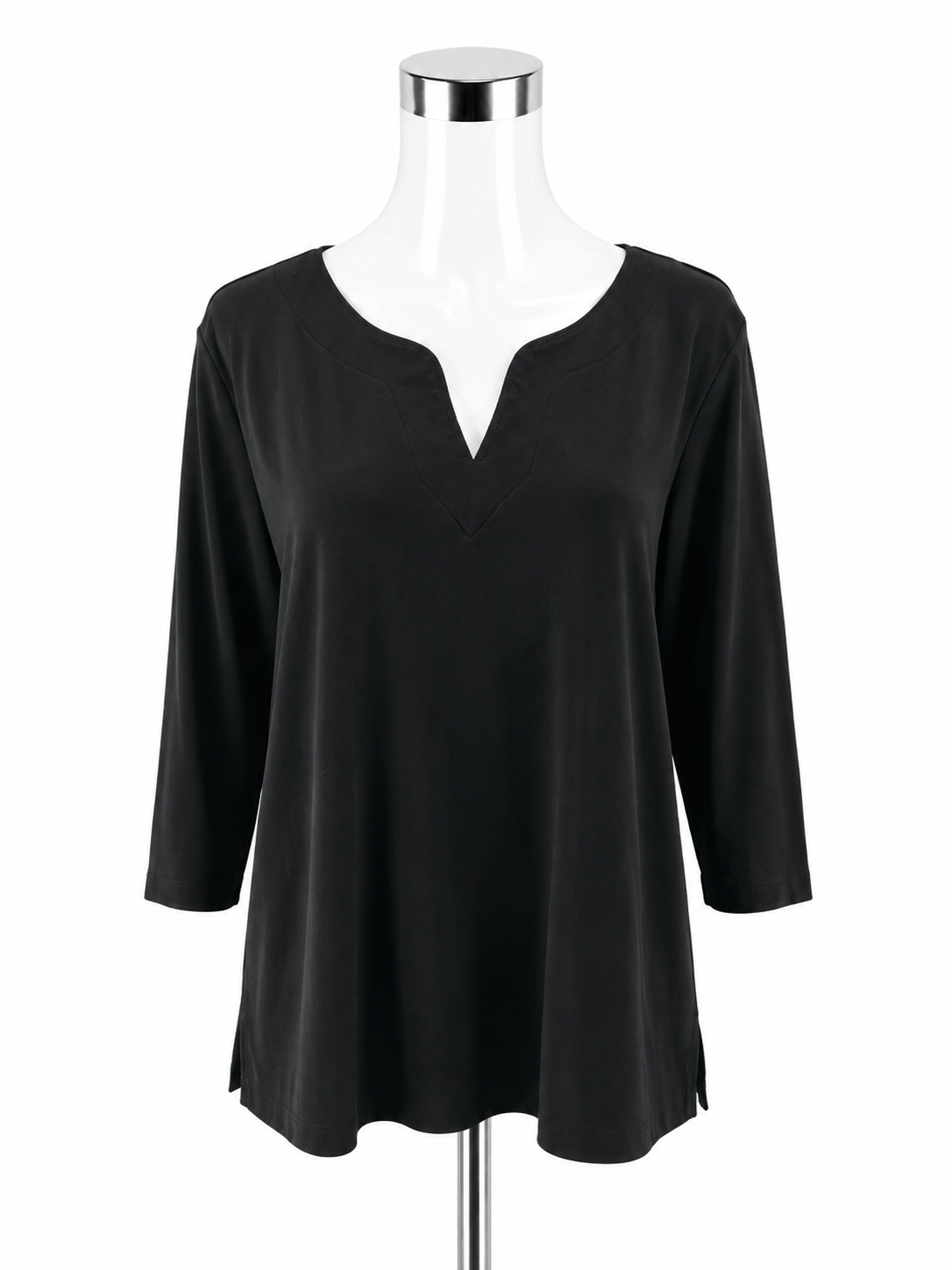 L.L.Bean Supima Cotton Splitneck Tunic Top 3/4 Sleeve Black Women&
