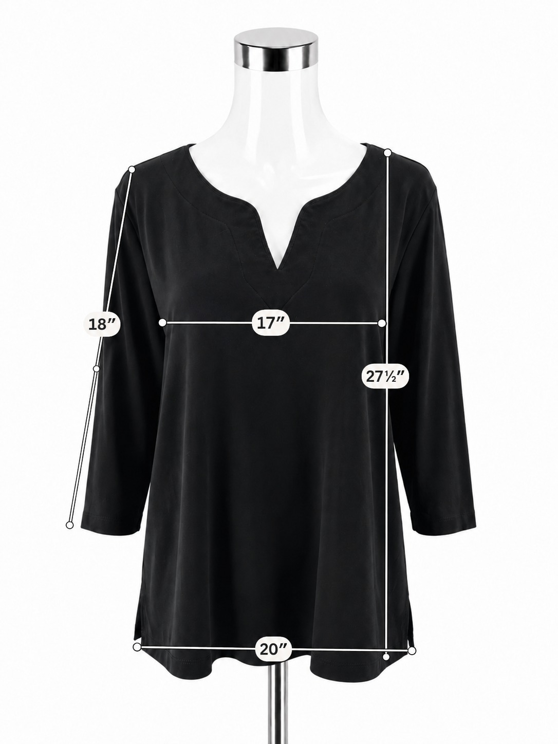 L.L.Bean Supima Cotton Splitneck Tunic Top 3/4 Sleeve Black Women&