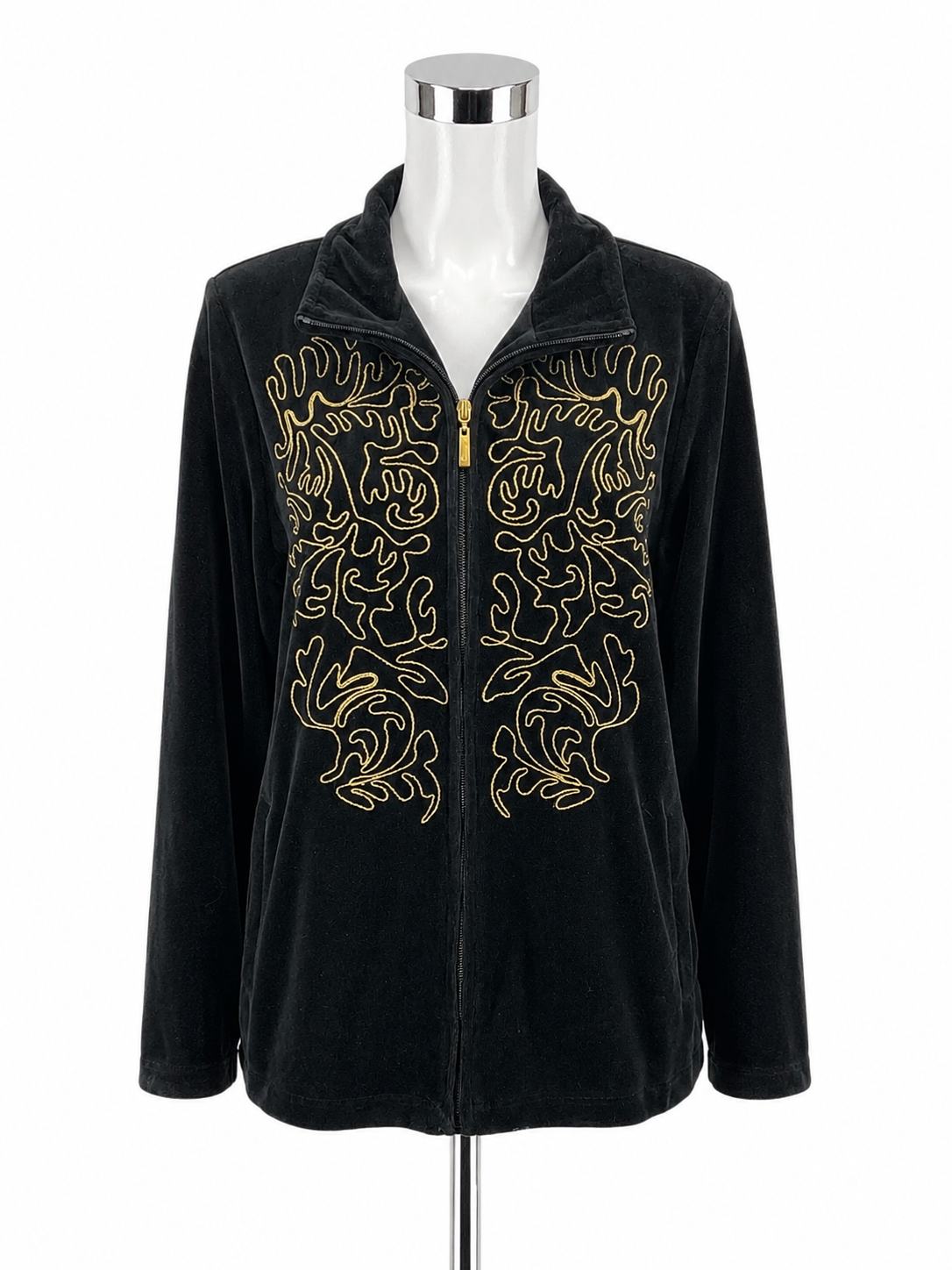 D!ifestyle Velour Zip Up Track Jacket Gold Swirl Embroidery Black Size Large