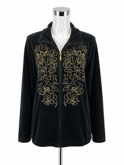 D!ifestyle Velour Zip Up Track Jacket Gold Swirl Embroidery Black Size Large