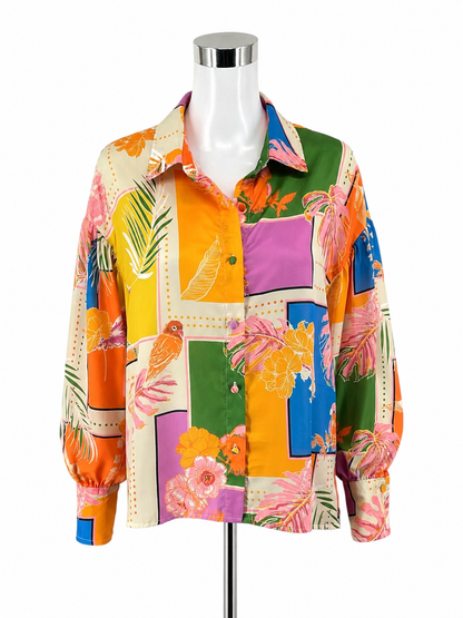Fate Tropical Parrot Print Button-Down Blouse Size Small