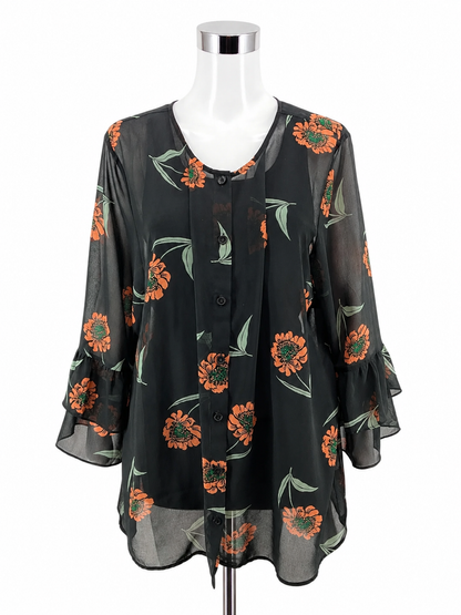 cabi Sundance Top Floral Tiered Ruffle Sleeve Blouse Size XL