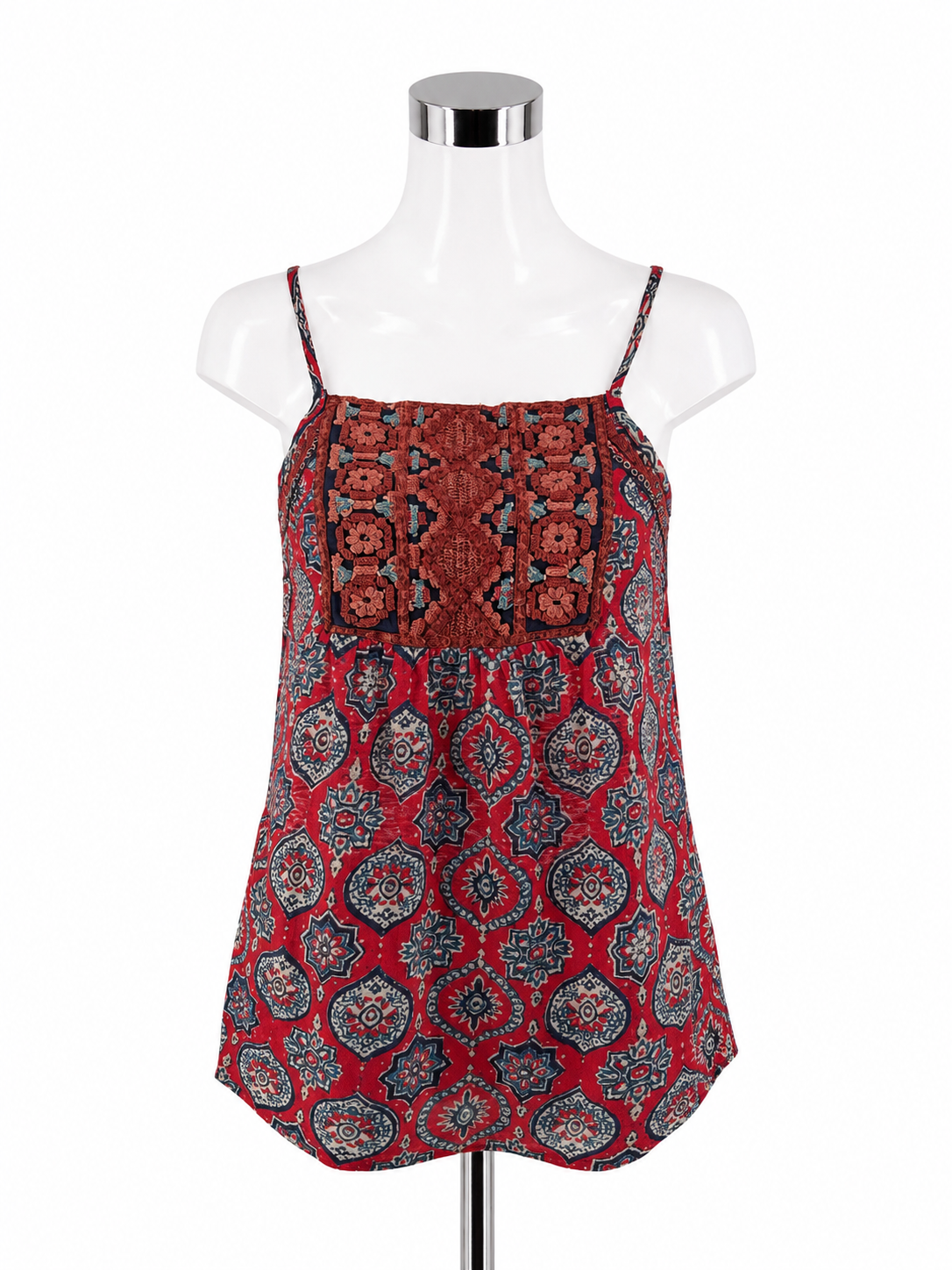 Lucky Brand XS Red &amp; Navy Medallion Print Boho Embroidered Cami Top