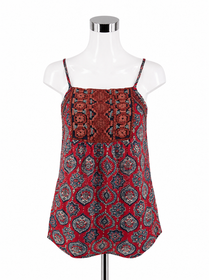 Lucky Brand XS Red &amp; Navy Medallion Print Boho Embroidered Cami Top