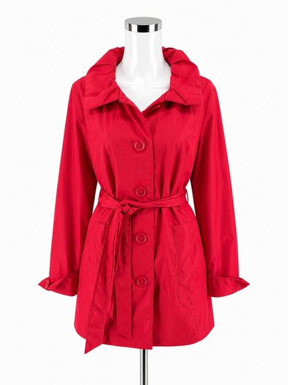 Dennis Basso Cherry Red Trench Coat Jacket Ruched Collar Belted Size Large