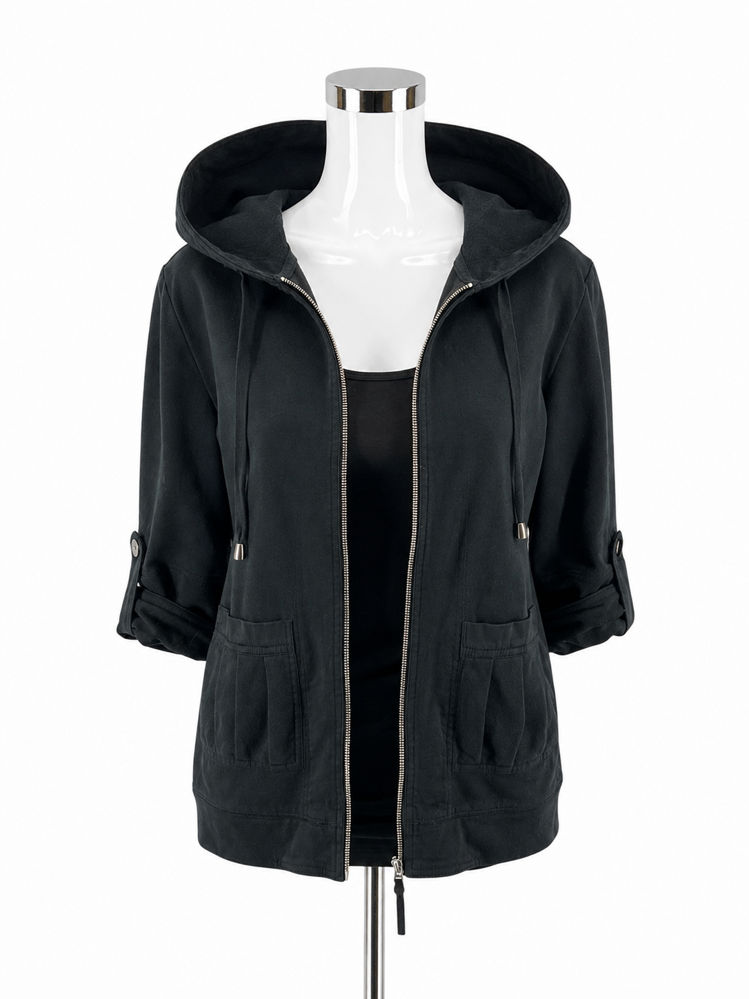 Cynthia Max Black Cotton Hooded Utility Jacket Size Medium