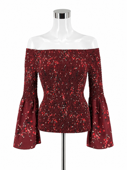 Express Floral Smocked Off The Shoulder Top Burgundy Blouse Size Medium