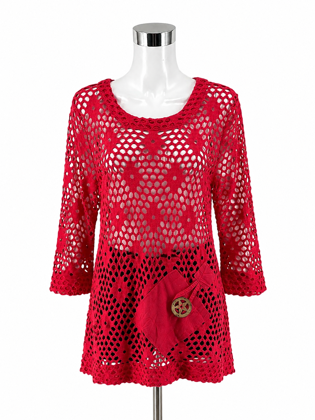 Kaktus Pink Crochet Knit Tunic Top Bohemian Artsy 3/4 Sleeve Size Large