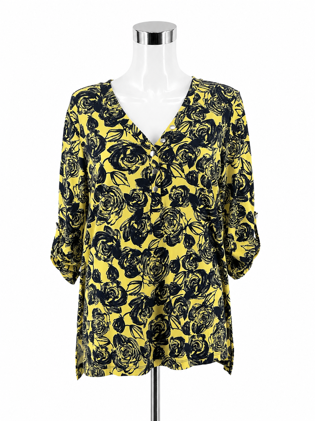 Christopher &amp; Banks Yellow Navy Floral V-Neck Tunic Top Size Medium