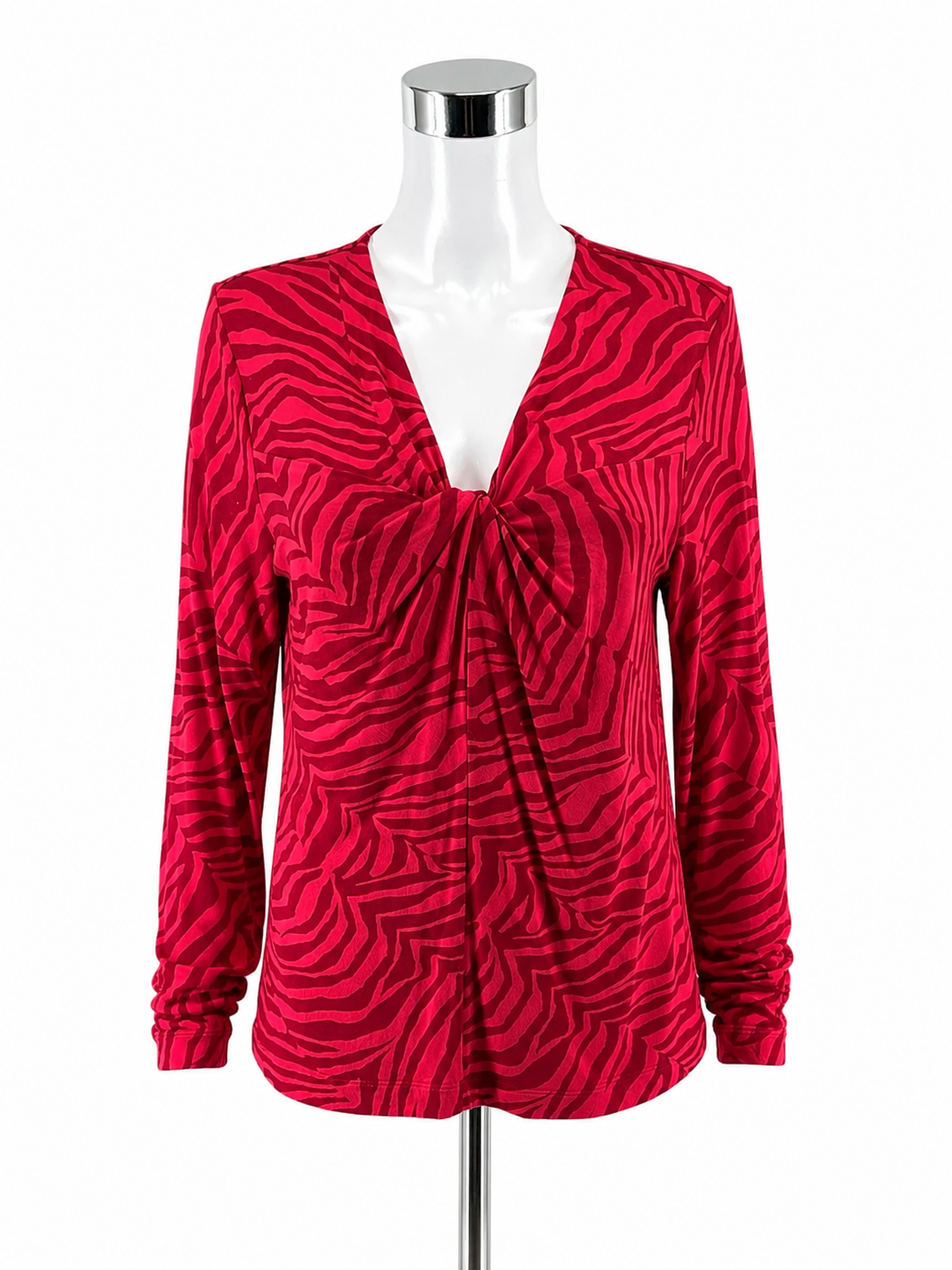 cabi Twist Front Top Medium Red Magenta Zebra Print V-Neck Long Sleeve Blouse