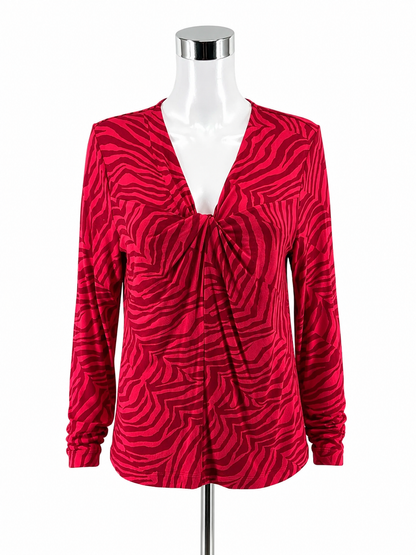 cabi Twist Front Top Medium Red Magenta Zebra Print V-Neck Long Sleeve Blouse