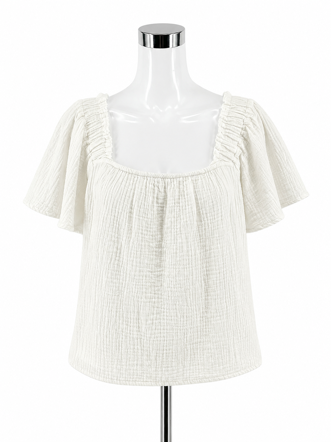 BeachLunchLounge White Crinkle Gauze Flutter Sleeve Boho Top | Size Small