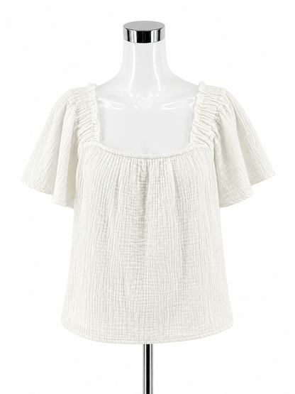 BeachLunchLounge White Crinkle Gauze Flutter Sleeve Boho Top | Size Small