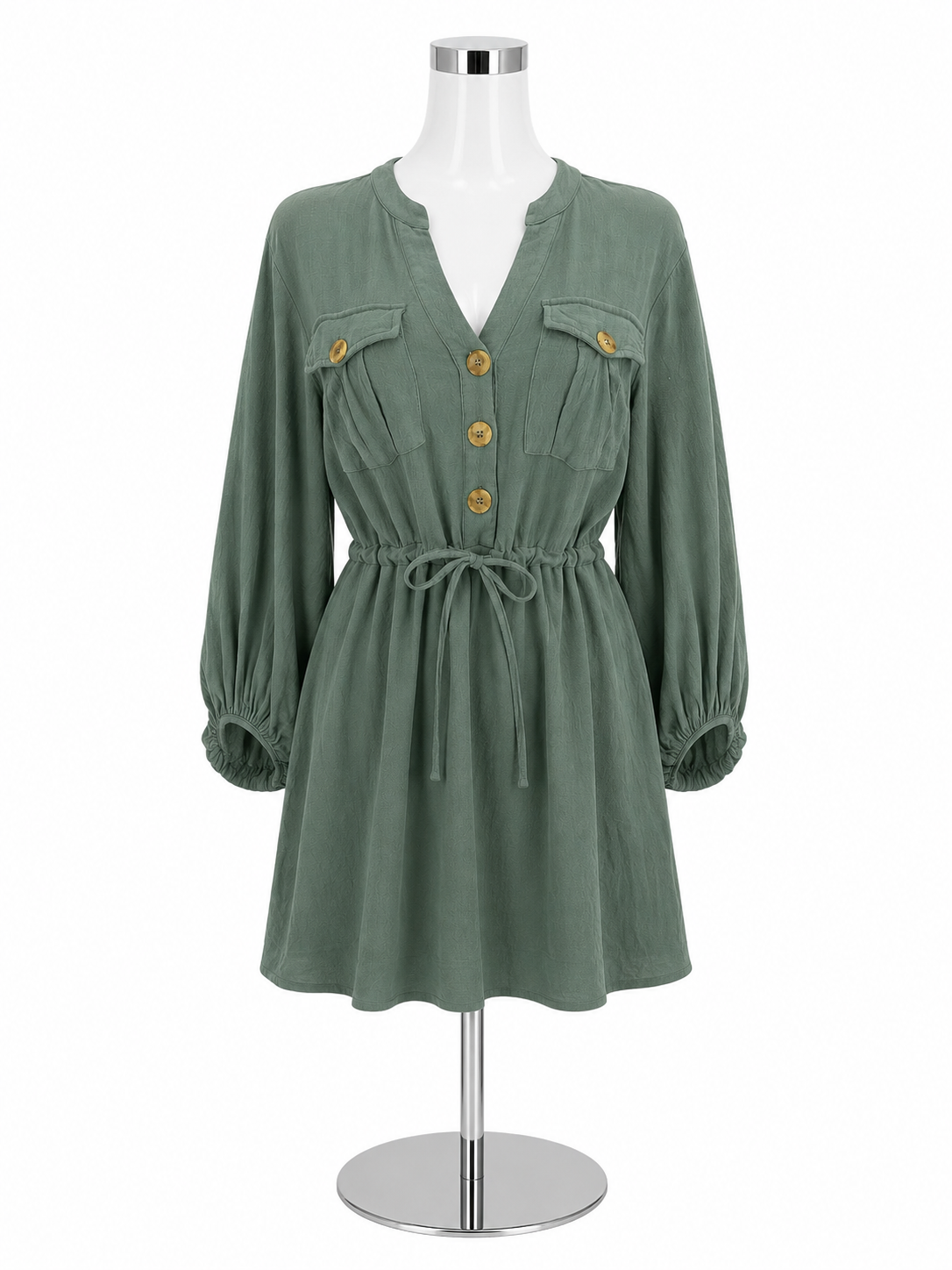 Entro Sage Green Linen Blend Button-Front Mini Dress | Size Small