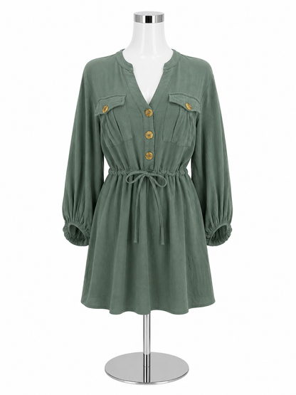 Entro Sage Green Linen Blend Button-Front Mini Dress | Size Small