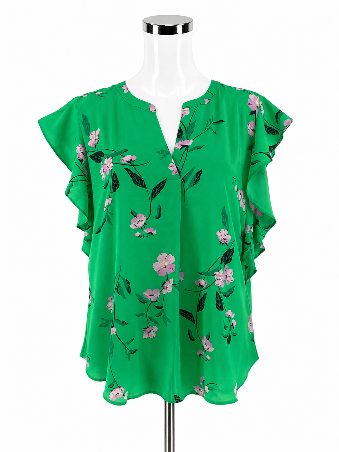 Ann Taylor green/purple Cap Sleeve Green &amp; Purple Floral Flutter Sleeve Blouse Top Size Large - Size L