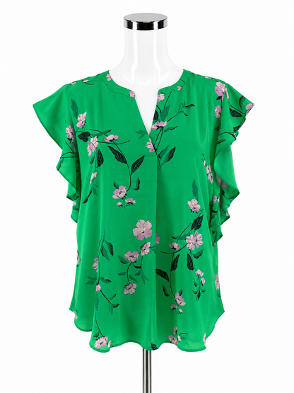 Ann Taylor green/purple Cap Sleeve Green &amp; Purple Floral Flutter Sleeve Blouse Top Size Large - Size L