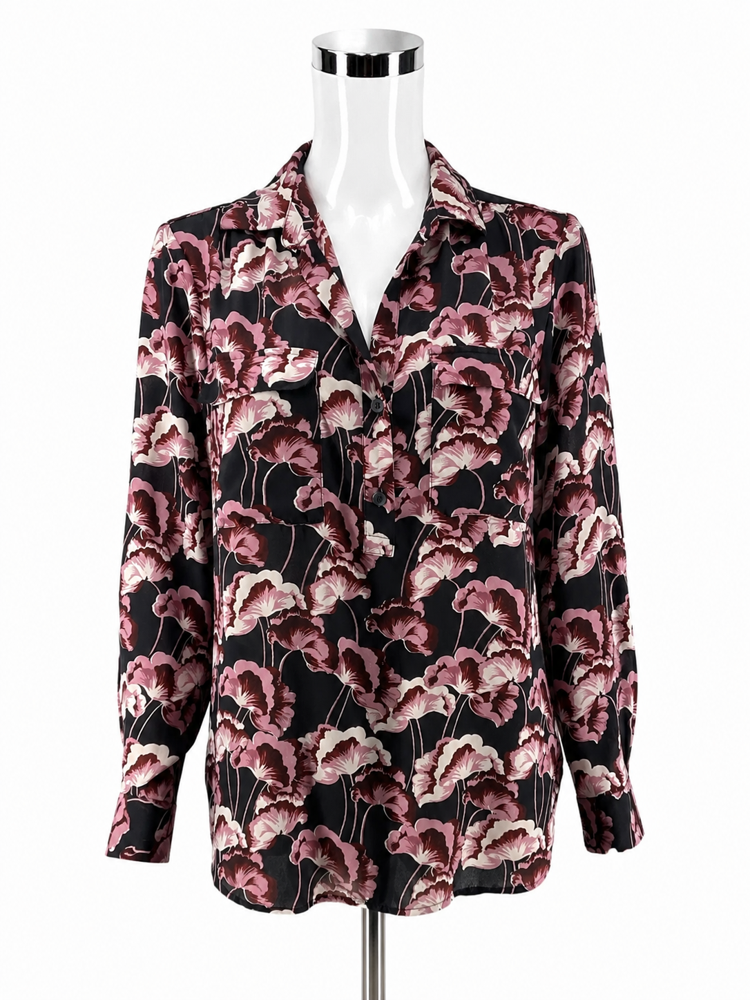 Ann Taylor Floral Print Button Down Blouse Top Size Small Navy Purple