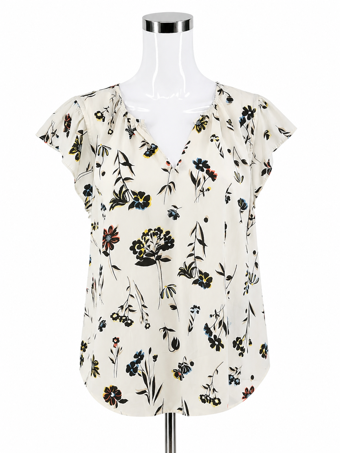 Ann Taylor white/black Cap Sleeve Floral Flutter Cap Sleeve Swing Blouse Top XL Ivory Black - Size XL