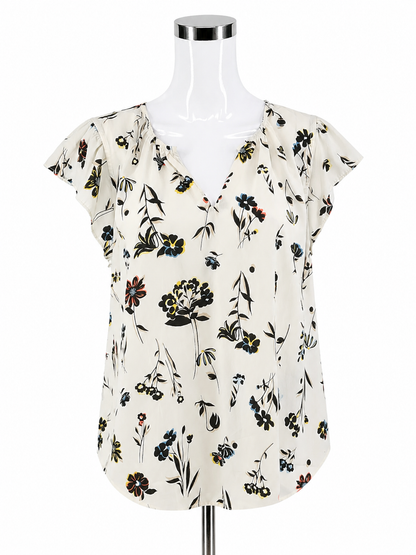 Ann Taylor white/black Cap Sleeve Floral Flutter Cap Sleeve Swing Blouse Top XL Ivory Black - Size XL