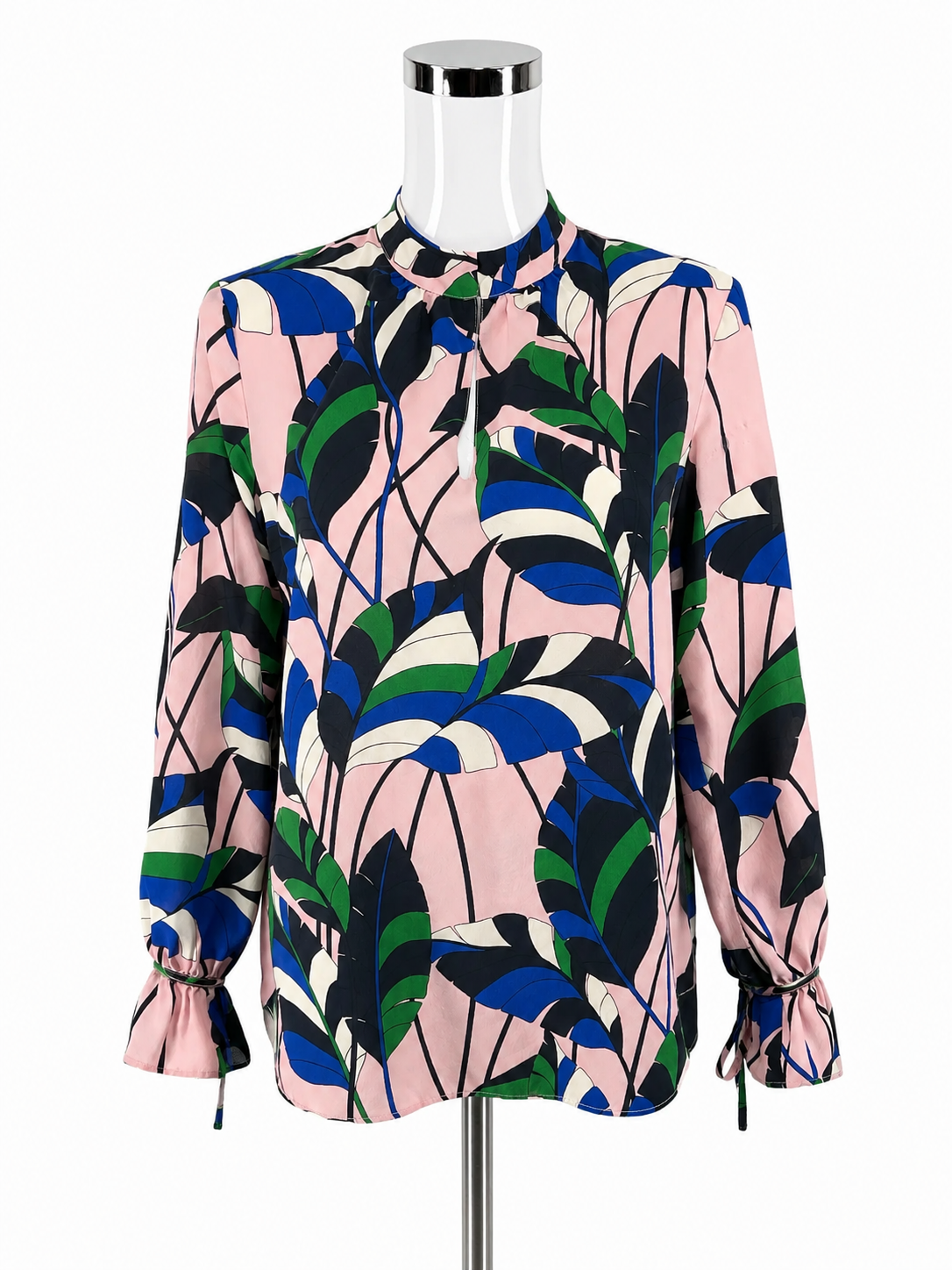 Ann Taylor pink/blue/green Long Sleeve Leaf Print 100% Silk Tie Cuff Blouse Pink Green Blue Size Small - Size S