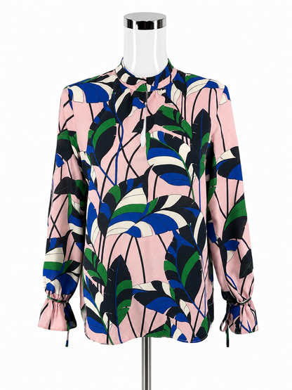 Ann Taylor pink/blue/green Long Sleeve Leaf Print 100% Silk Tie Cuff Blouse Pink Green Blue Size Small - Size S