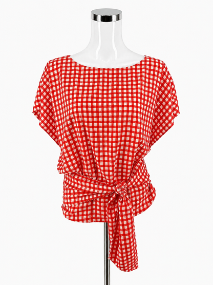 Ann Taylor Orange &amp; White Gingham Brushstroke Tie-Waist Blouson Top Size Medium