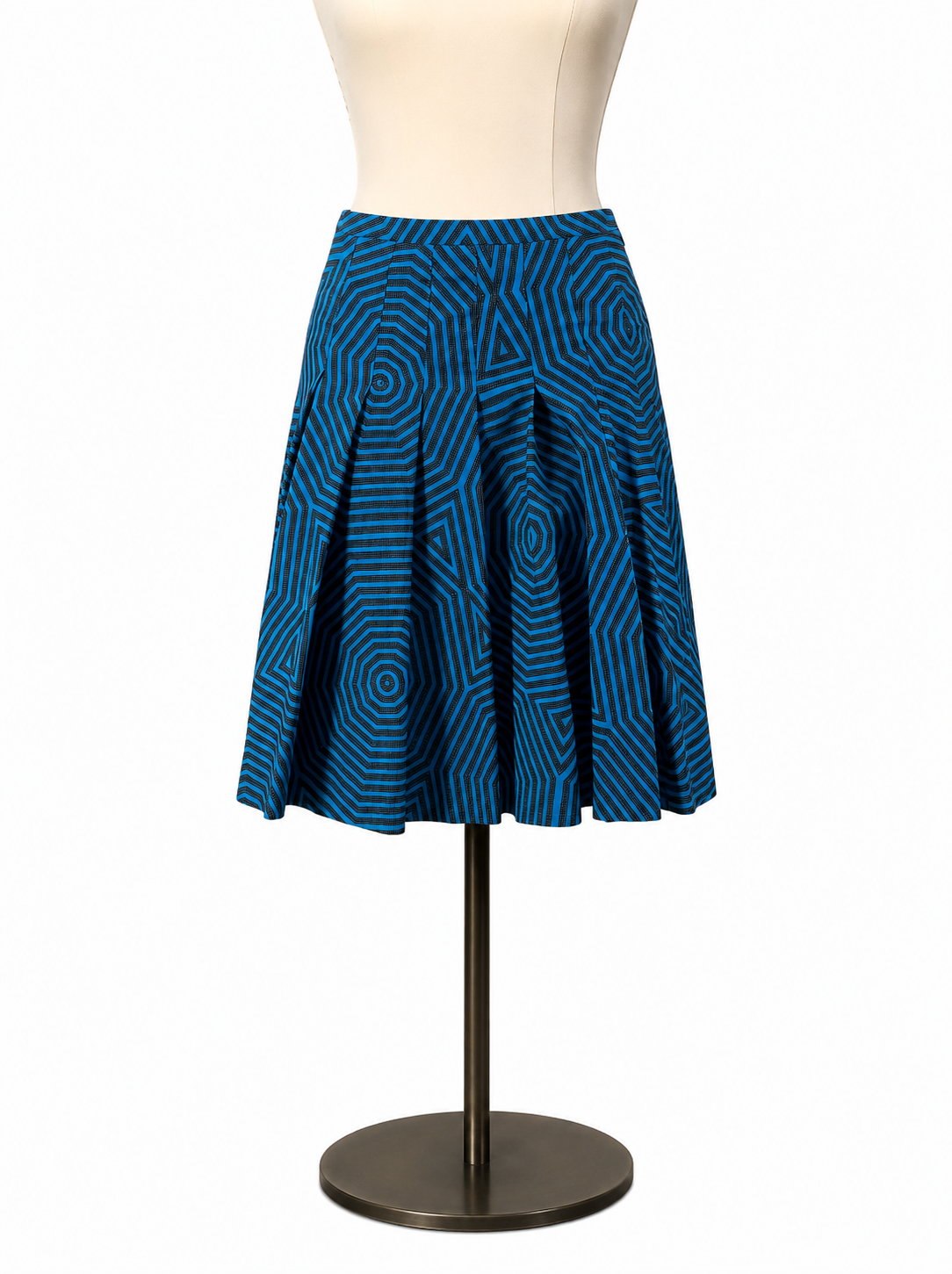 Akris punto Geometric Op Art Print Pleated A-Line Skirt Blue Black Cotton US 4