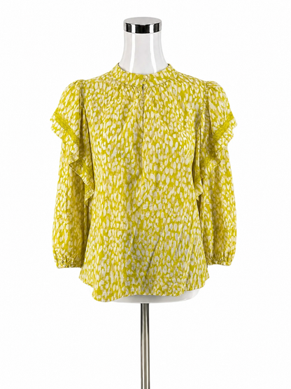 WHO WHAT WEAR mustard/white 3/4 Sleeve Mustard &amp; White Animal Print Ruffle Sleeve Blouse Top Size XL - Size XL