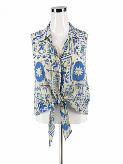 Calypso St. Barth white/blue Sleeveless Coastal Print Linen Blend Tie-Front Tank Top XL - Size XL