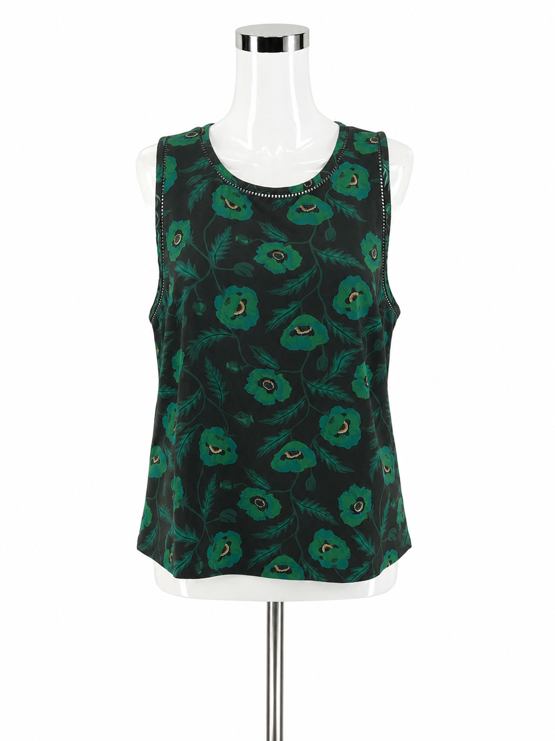 J.Crew Black/Green Sleeveless J. Crew Black &amp; Green Poppy Floral Sleeveless Shell Top Size 12 - Size 12