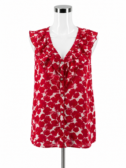 cabi White/Red Sleeveless Valentine Blouse Red Floral Ruffle V-Neck Sleeveless Top Size Large - Size L