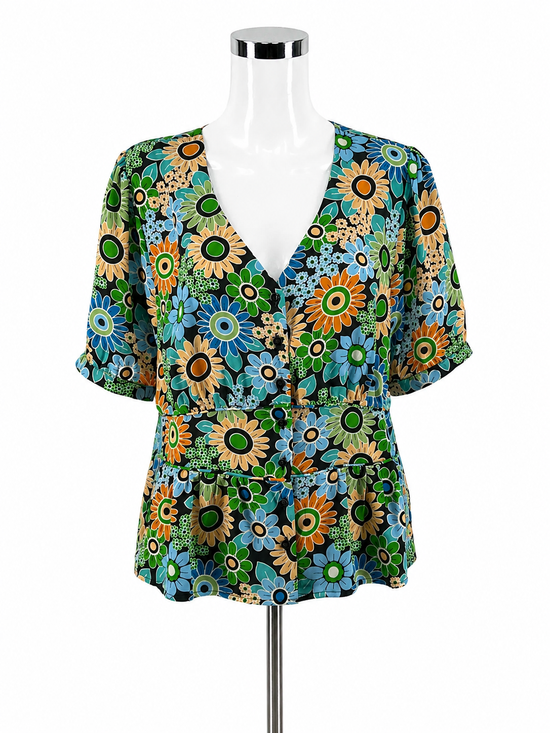cabi blue/orange/green Peplum Heirloom Blouse Retro Floral Peplum V-Neck Top Size Medium - Size M