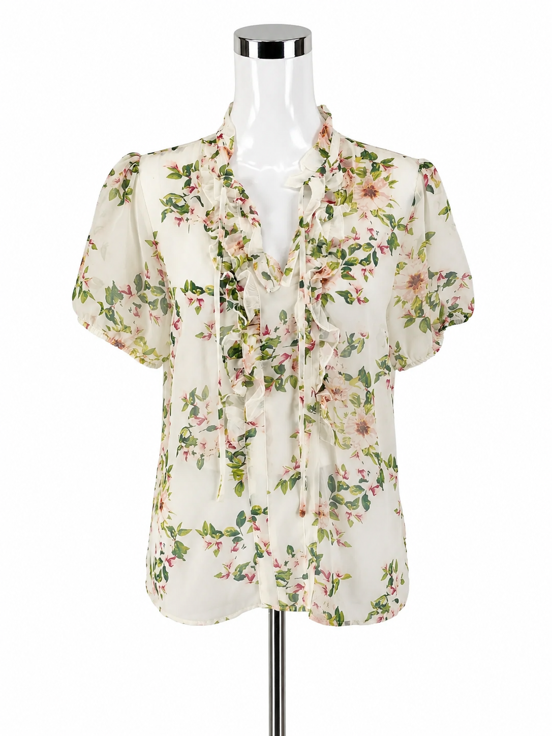 Eva Mendes for New York &amp; Company white/green/pink Short Sleeve Floral Ruffle Tie-Neck Blouse Size Medium NWT - Size M