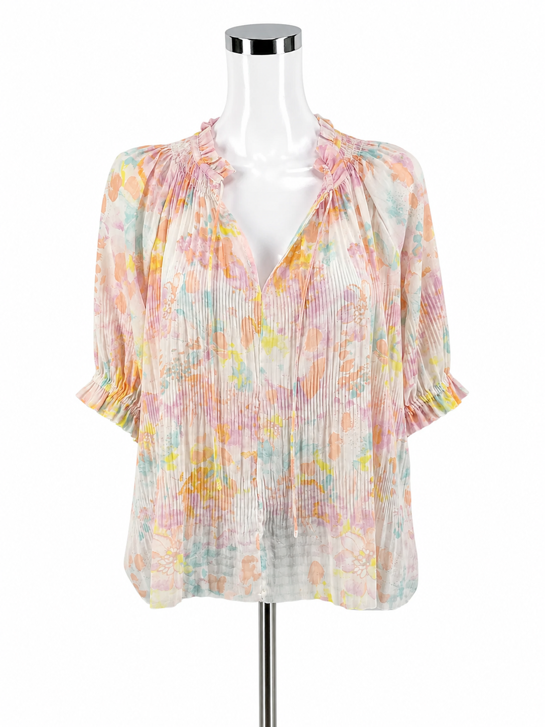 Current Air Watercolor Floral Pleated Peasant Blouse Size Medium