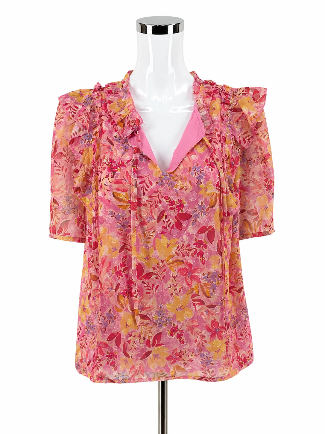 Greylin pink/multi Short Sleeve Adela Ruffle Trim Floral Blouse Pink Metallic NWT Size Large - Size L