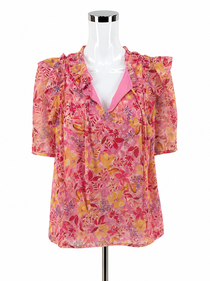 Greylin pink/multi Short Sleeve Adela Ruffle Trim Floral Blouse Pink Metallic NWT Size Large - Size L