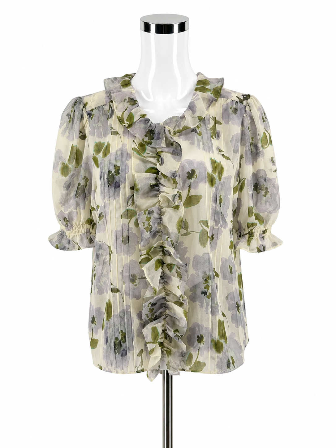 cabi green/cream Short Sleeve Spring Blouse Floral Pintuck Ruffle Top Cream Green Size Large - Size L