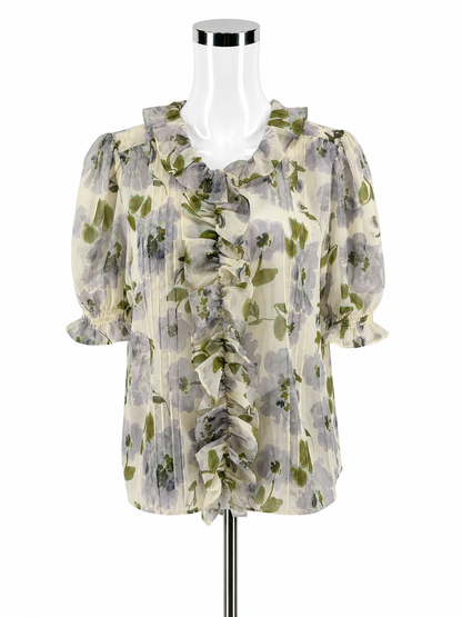 cabi green/cream Short Sleeve Spring Blouse Floral Pintuck Ruffle Top Cream Green Size Large - Size L