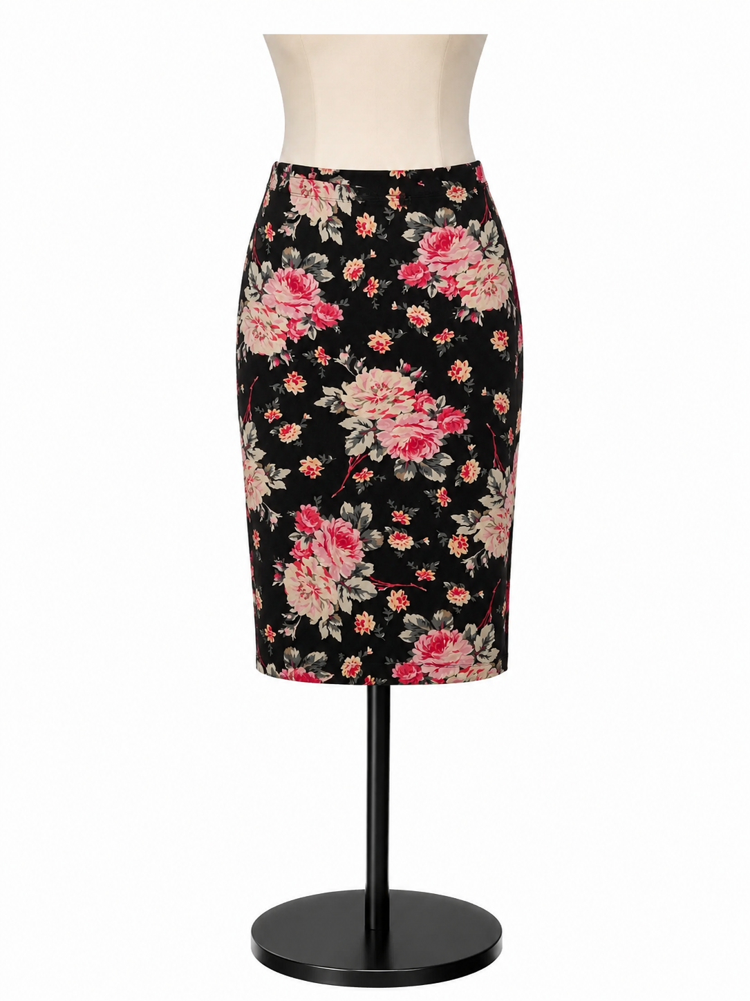 Express Black/Tan/Pink Skirt Black Pink Floral High-Waisted Pencil Midi Skirt Size Medium - Size M