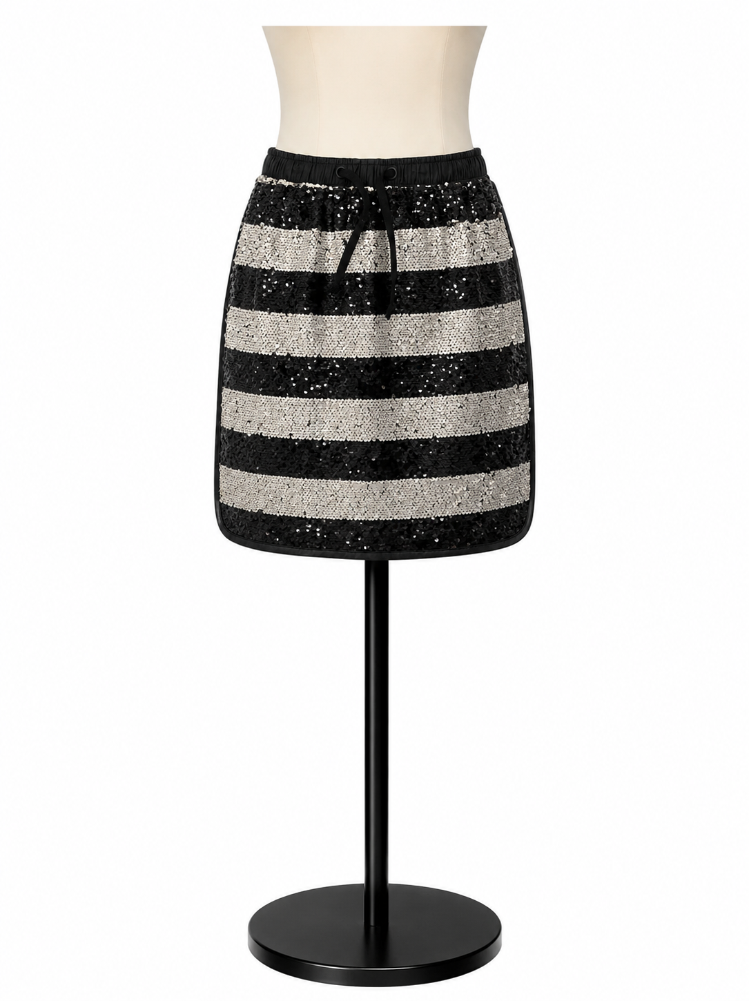 Gianni Bini Sequin Stripe Mini Skirt Faux Leather Trim Black &amp; Silver Size Medium