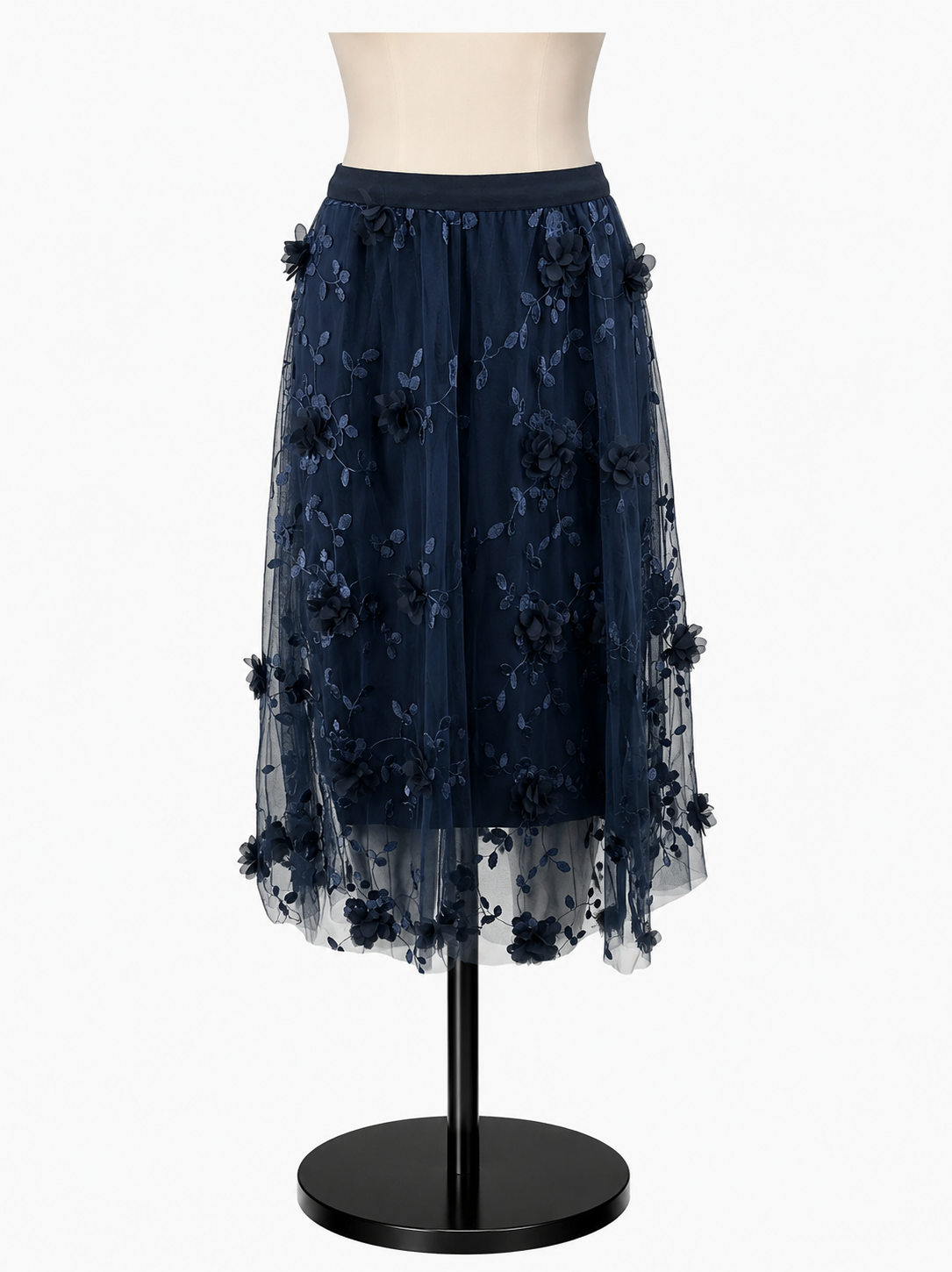 No Brand Navy Skirt Navy Floral Embroidered Tulle A-Line Midi Skirt Size Small - Size S