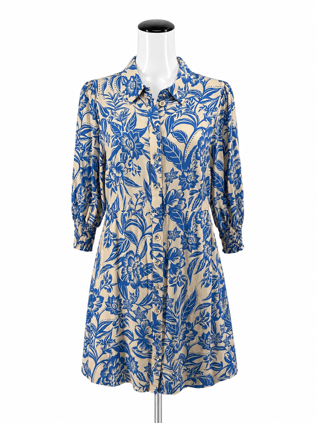 cabi BLUE/CREAM Long Sleeve China Print Dress Blue Cream Floral Chinoiserie Button Front Shirtdress Medium - Size M