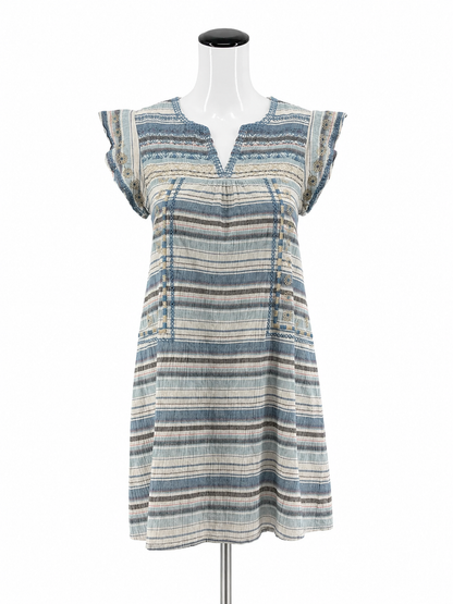 THML Striped Embroidered Boho Tunic Dress Blue White Cotton XS