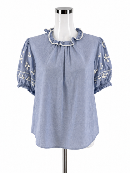 THML white/blue Short Sleeve Ruffle Neck Embroidered Pinstripe Top Blue White Cotton XL - Size XL